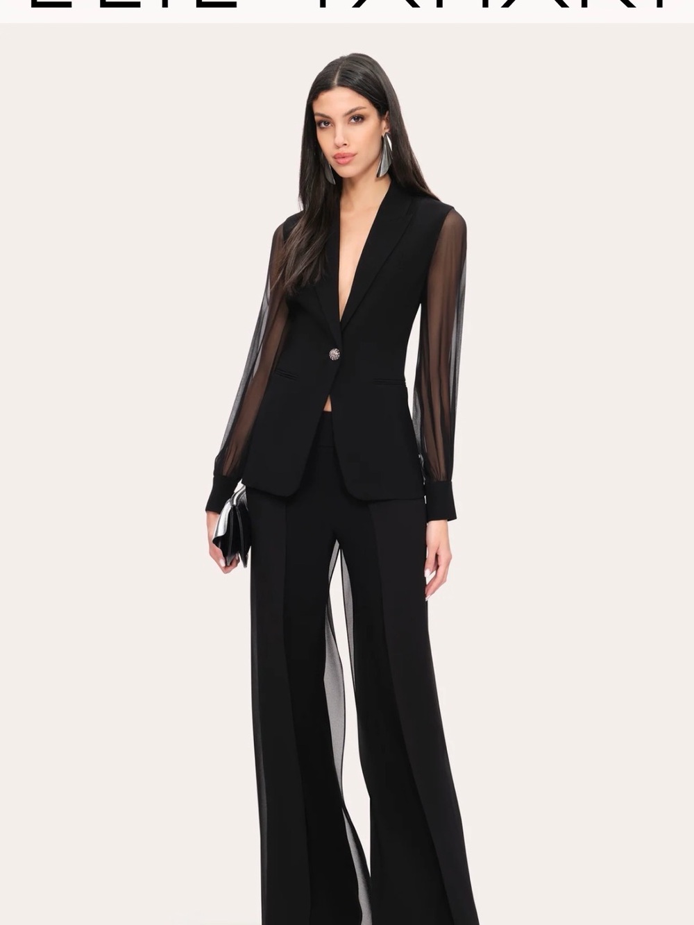 Elie Tahari Black Sheer-Sleeve Blazer with Wide-Leg Pants